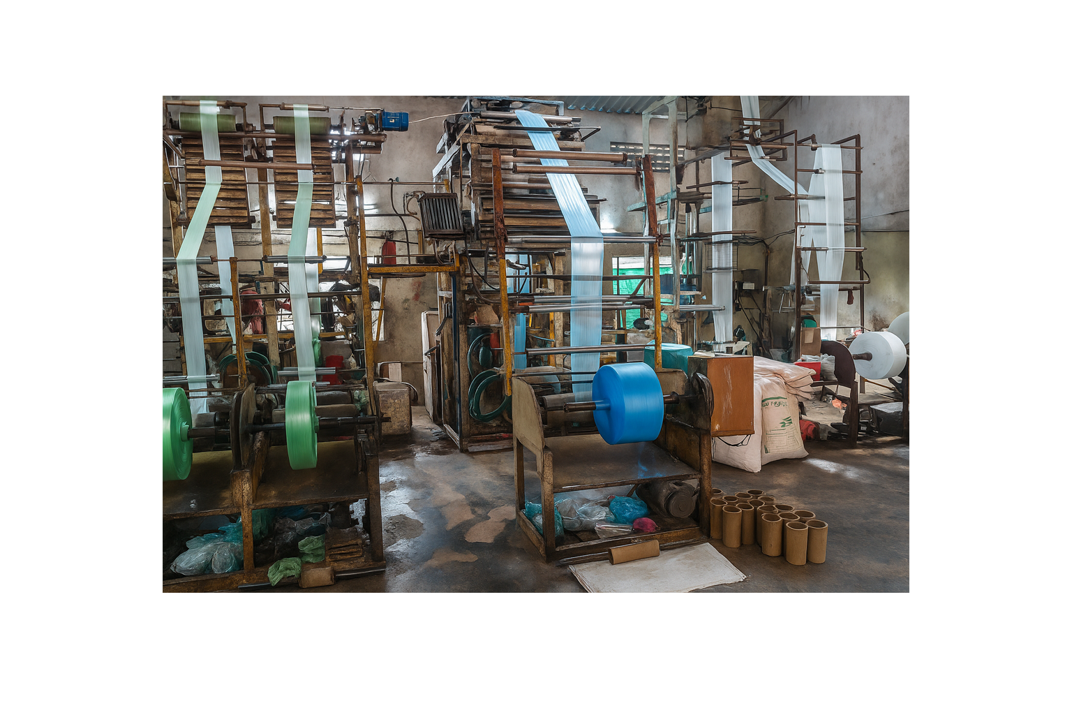 Heavy-duty injection molding machine with molten plastic being formed in a clean industrial environment